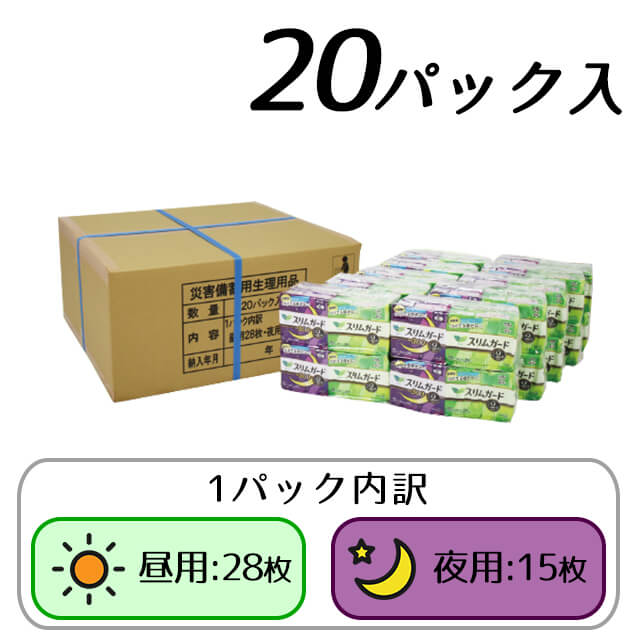 ロリエ スリムガードLシリーズ L-20 20パック入 10年長期保存可能 生理用ナプキン 羽あり昼・夜用各1袋が特殊フィルムで1パックに!もしもの為に生理用品を備蓄しませんか?